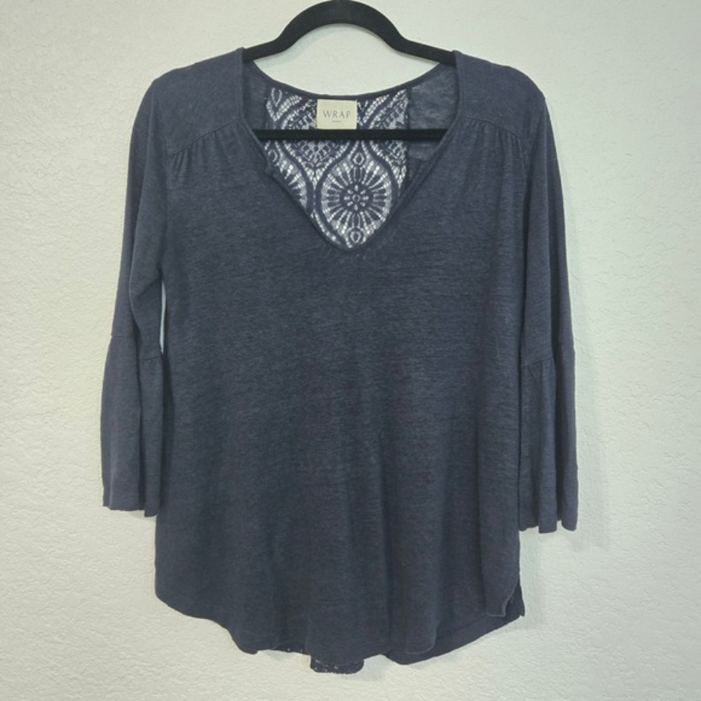 Wrap London Navy Blue Linen Lace Back 3/4 Sleeve Top US 2 Boho